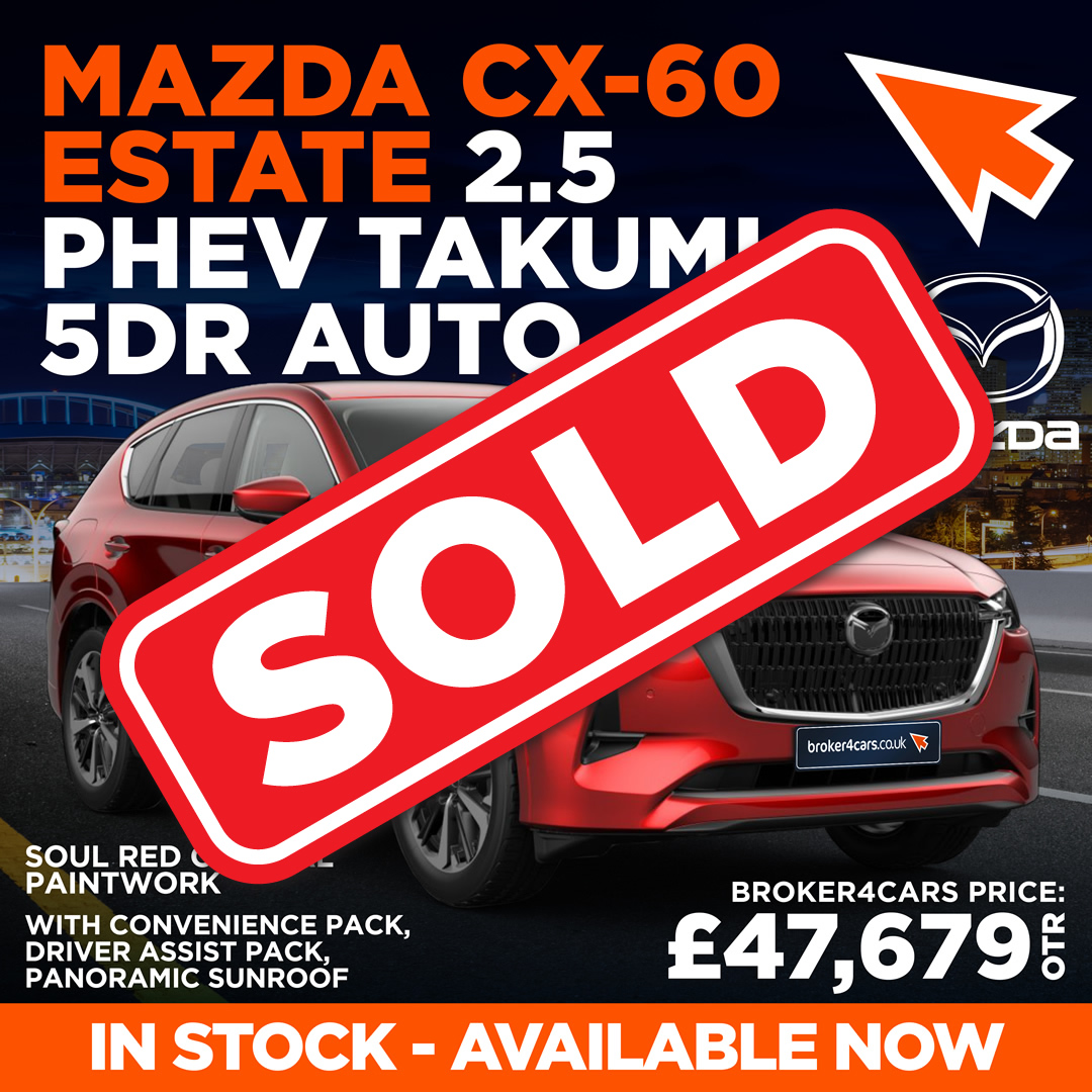 Mazda CX-60 Estate 2.5 PHEV Takumi 5DR Auto. Soul Red Crystal Paintwork, with convenience pack, driver assist pack, panoramic sunroof. In stock available now. Broker4Cars Price £47,679 OTR